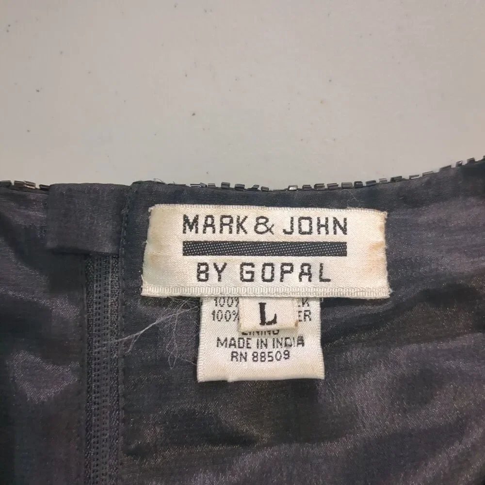 Mark & John by Gopal Silk Dress large Black Sequin Beaded Evening Cocktail Gown